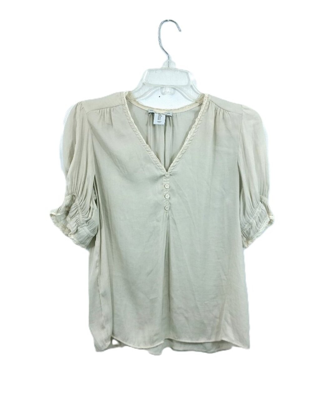 cupcakes and cashmere Puff Sleeve V-Neck Blouse Lace Trim Cream Women Sz S
